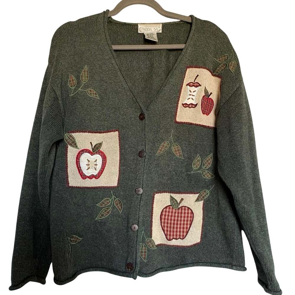 Vintage Mandal Bay Apple Cardigan Medium Green Knit Patchwork Embroidered Fall